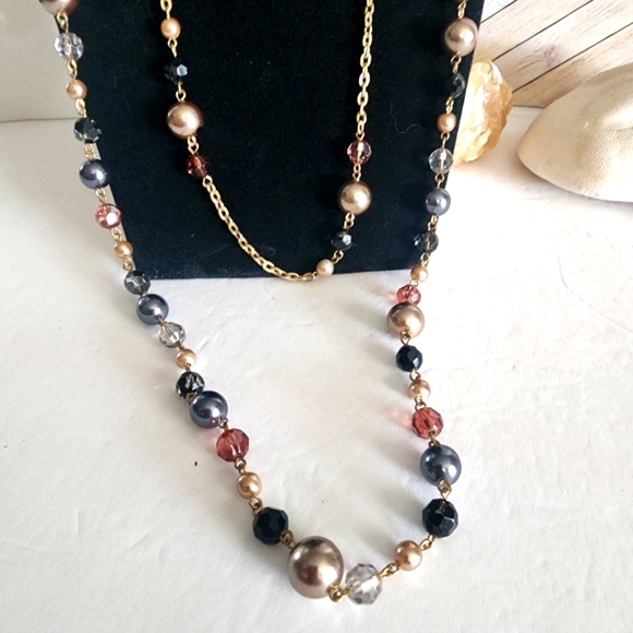 Double Strand Gold Chain Necklace with Crystals and Faux Pearls  New - Picture 6 of 7